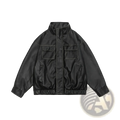 Black faux leather biker bomber jacket with high collar and two front flap utility pockets