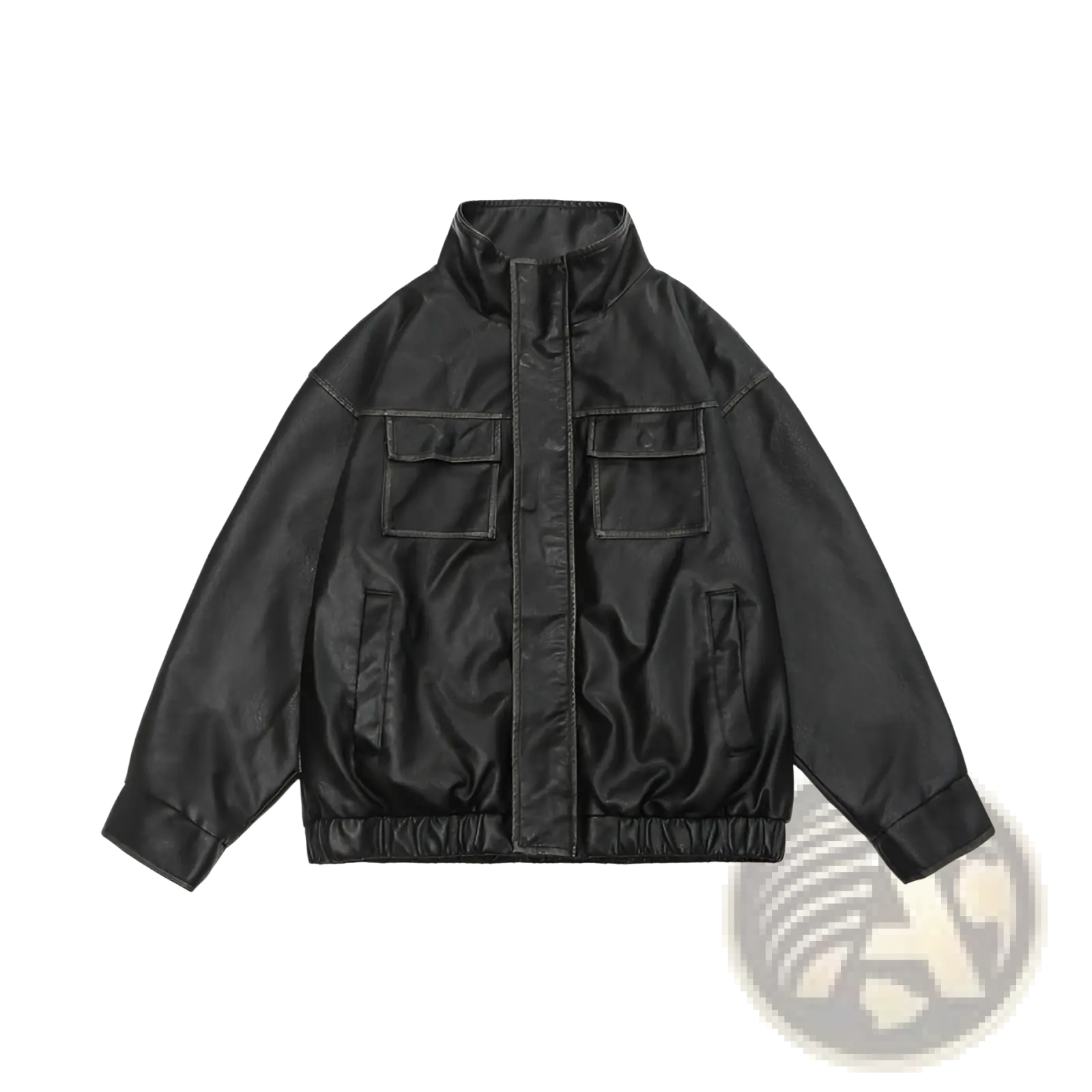 Black faux leather biker bomber jacket with high collar and two front flap utility pockets