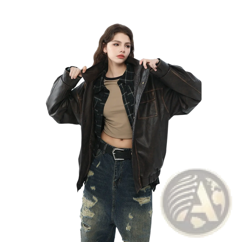 Black faux leather biker bomber jacket with utility pockets and plaid inner lining shown from the back side