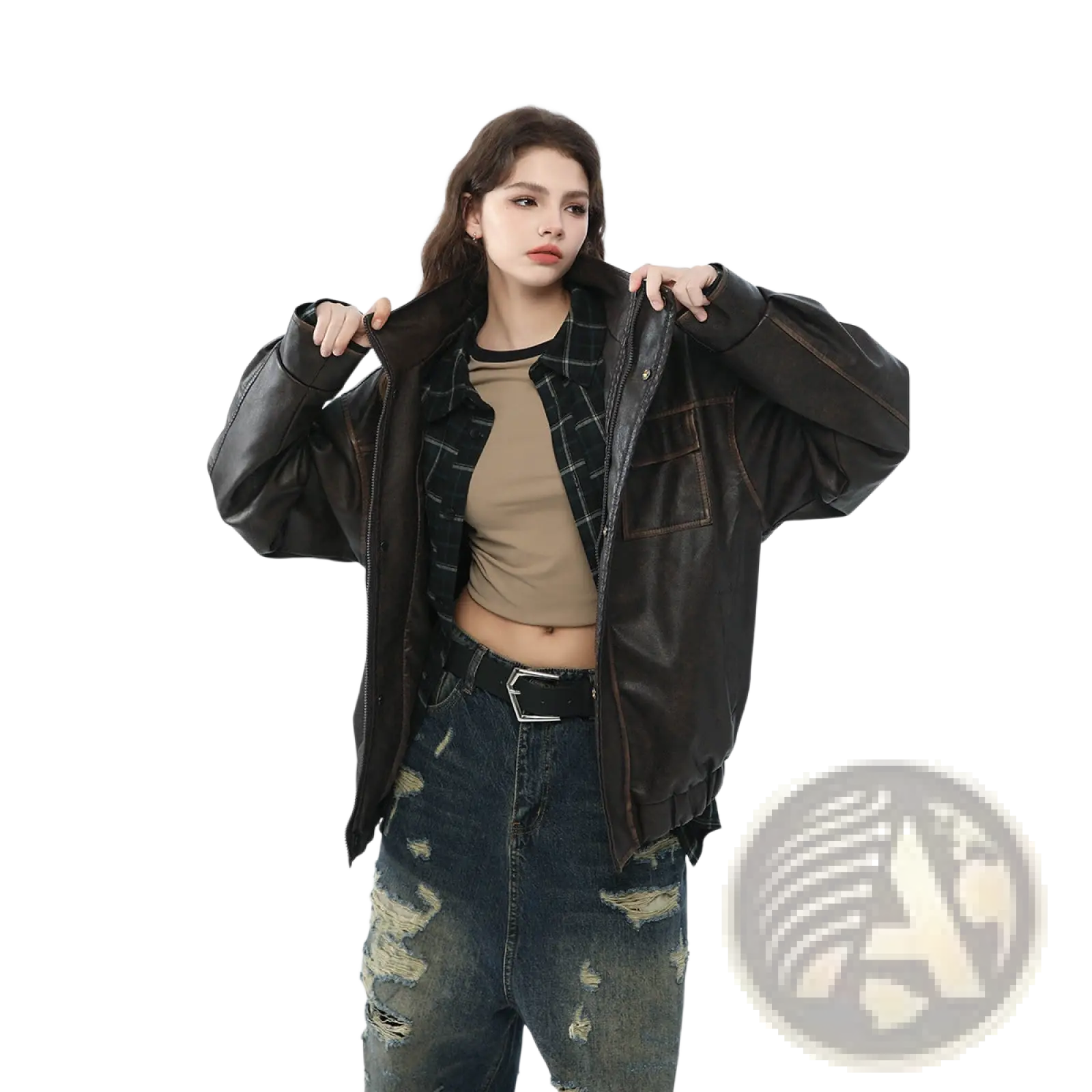 Black faux leather biker bomber jacket with utility pockets and plaid inner lining shown from the back side