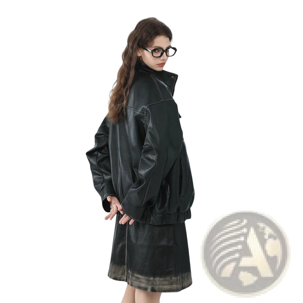 Black faux leather biker bomber jacket with high collar elasticized cuffs and utility pockets shown from front view