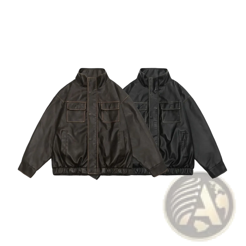 Black faux leather biker bomber jacket with two chest utility pockets and elasticated waistband for casual wear