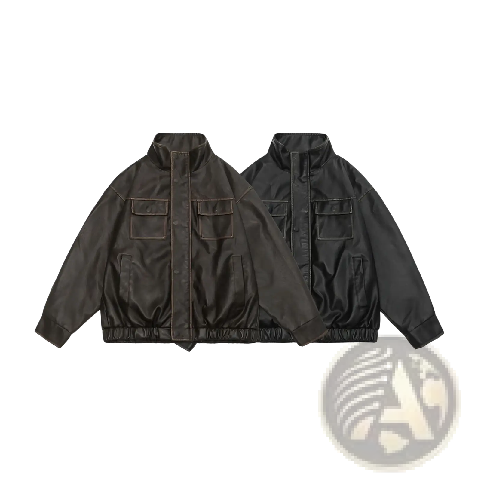 Black faux leather biker bomber jacket with two chest utility pockets and elasticated waistband for casual wear
