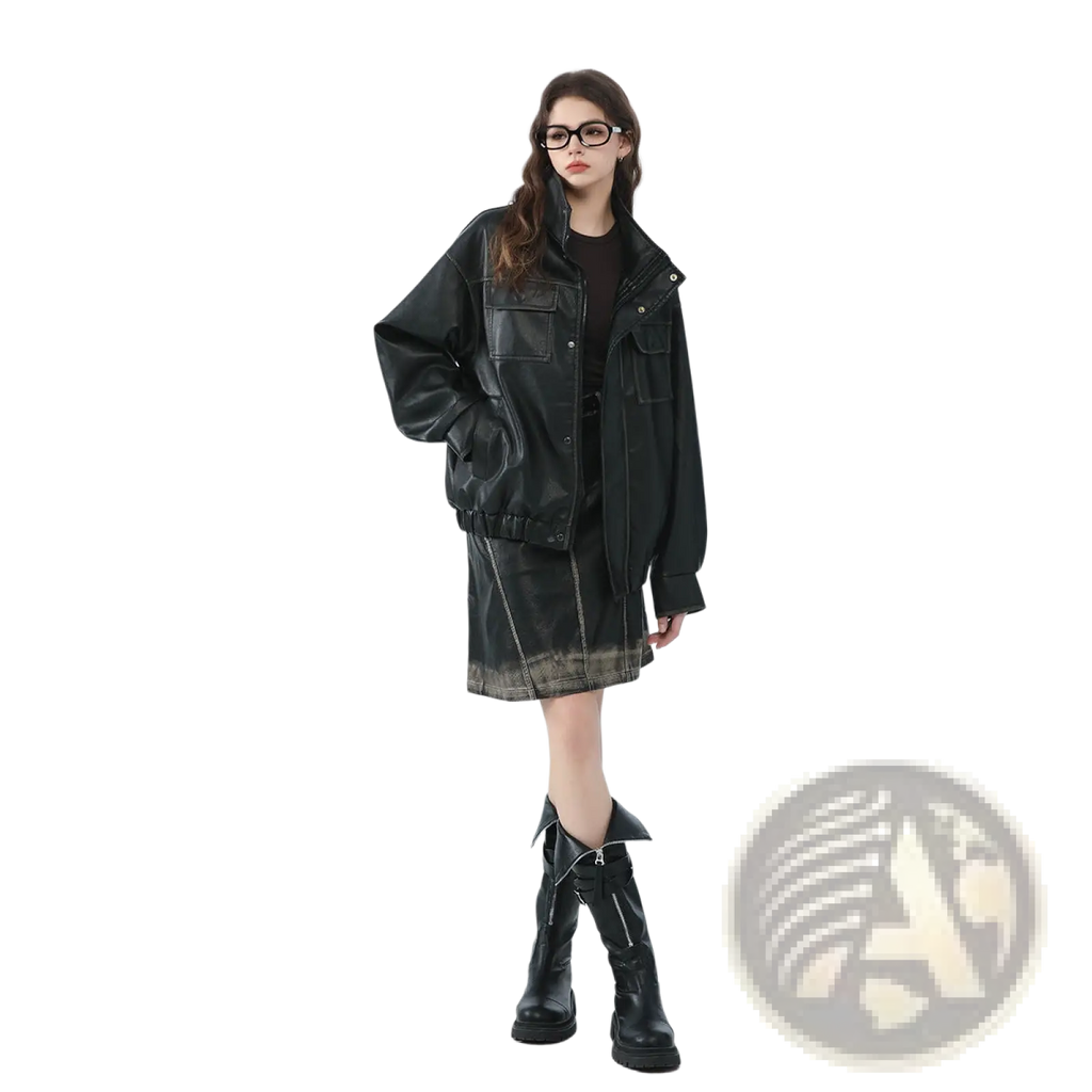 Black faux leather biker bomber jacket with relaxed fit and distressed detailing featuring utility pockets