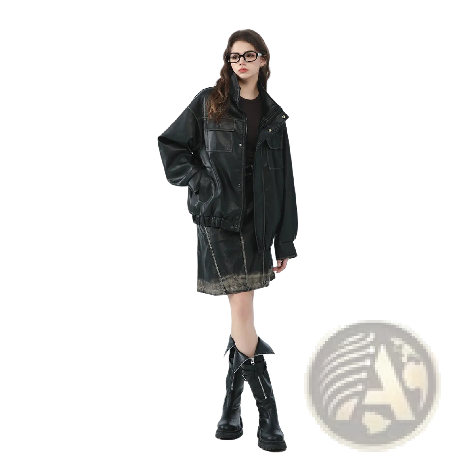 Black faux leather biker bomber jacket with relaxed fit and distressed detailing featuring utility pockets