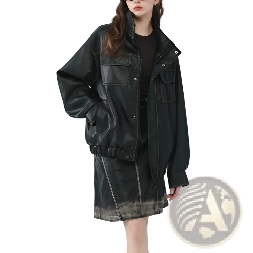 Black faux leather biker bomber jacket with relaxed fit and front utility pockets for casual use