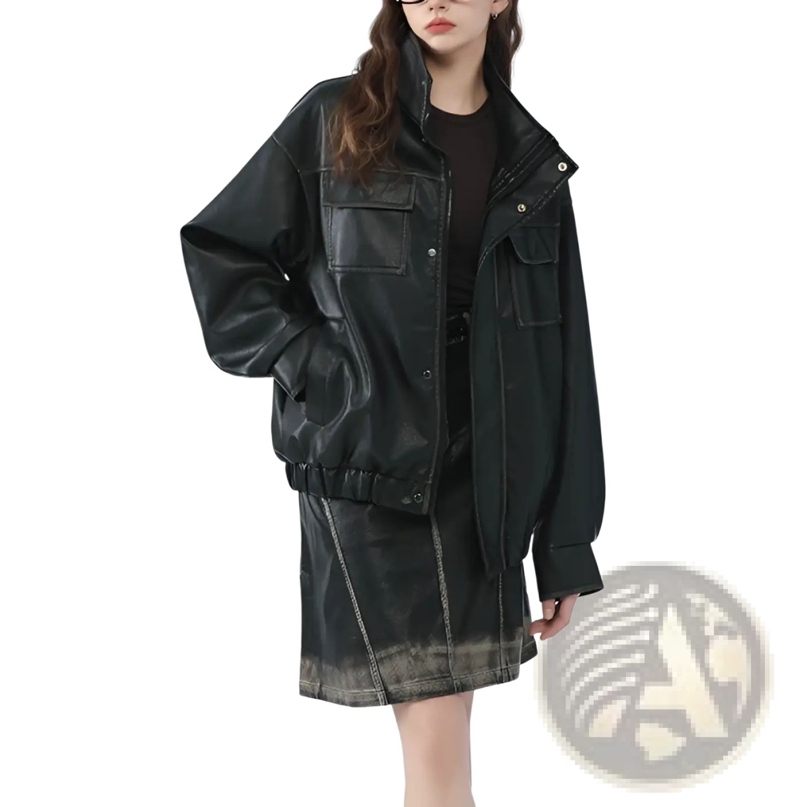 Black faux leather biker bomber jacket with relaxed fit and front utility pockets for casual use