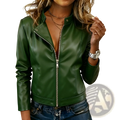 A sleek dark green faux leather biker jacket with central zipper and snap buttons at the collar for casual wear