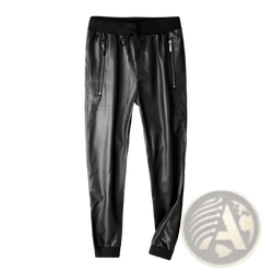 Black faux leather biker joggers for men with zipper pockets and drawstring waistband for a comfortable fit