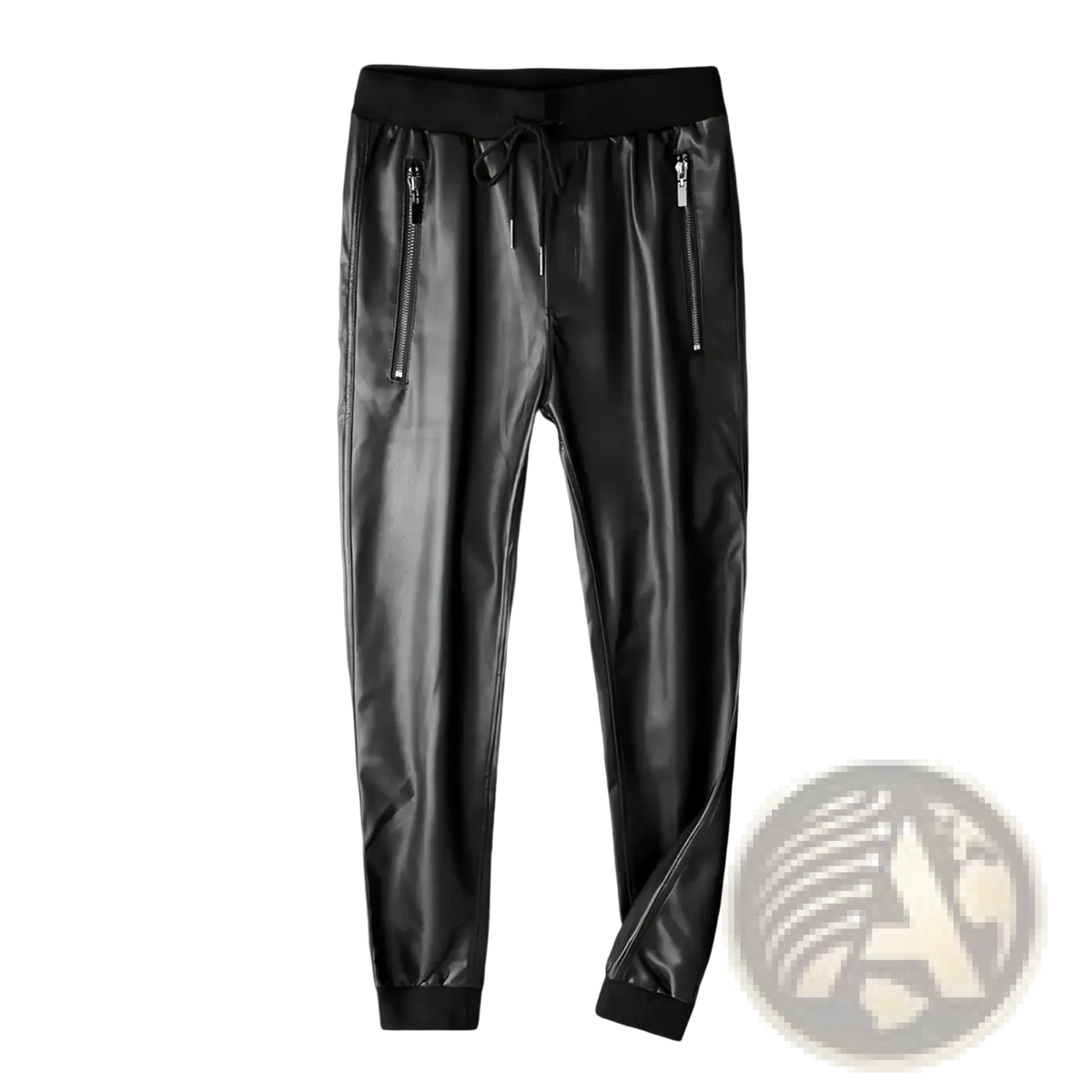 Black faux leather biker joggers for men with zipper pockets and drawstring waistband for a comfortable fit