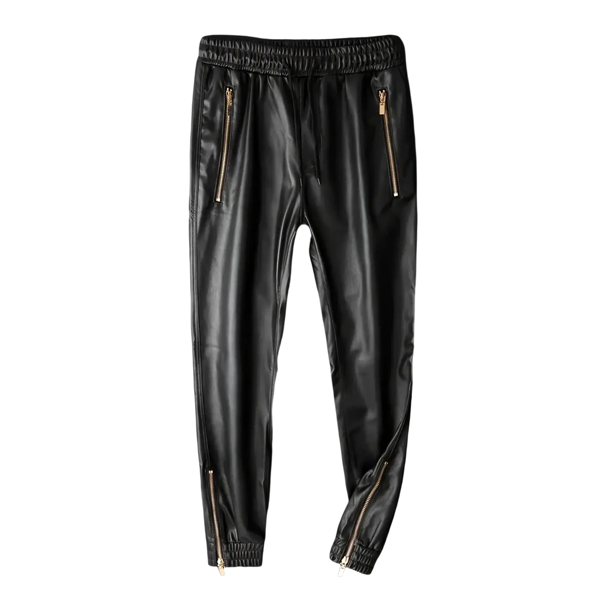 Black faux leather biker joggers for men featuring gold zippers on the sides and cuffs