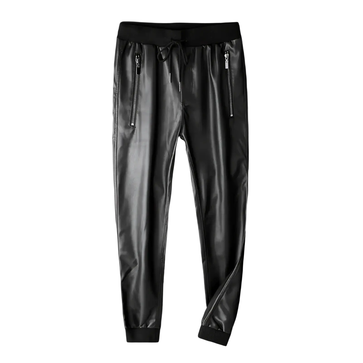 Black faux leather biker joggers for men with zipper pockets and drawstring waistband for a comfortable fit