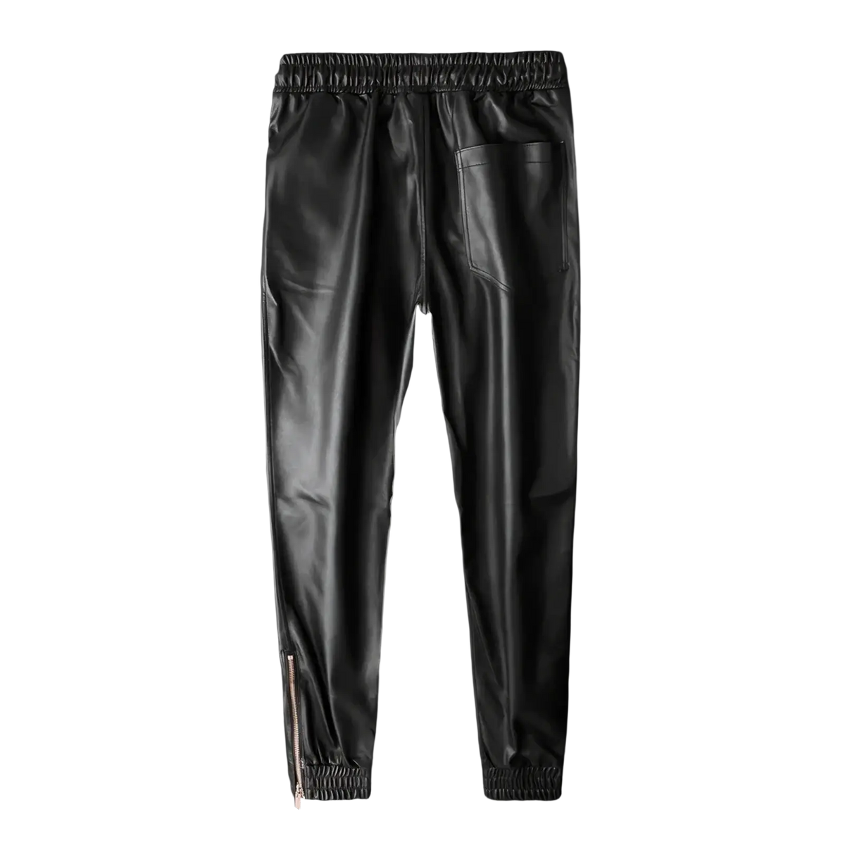 Black faux leather biker joggers for men with elastic waistband and ankle zipper detailing