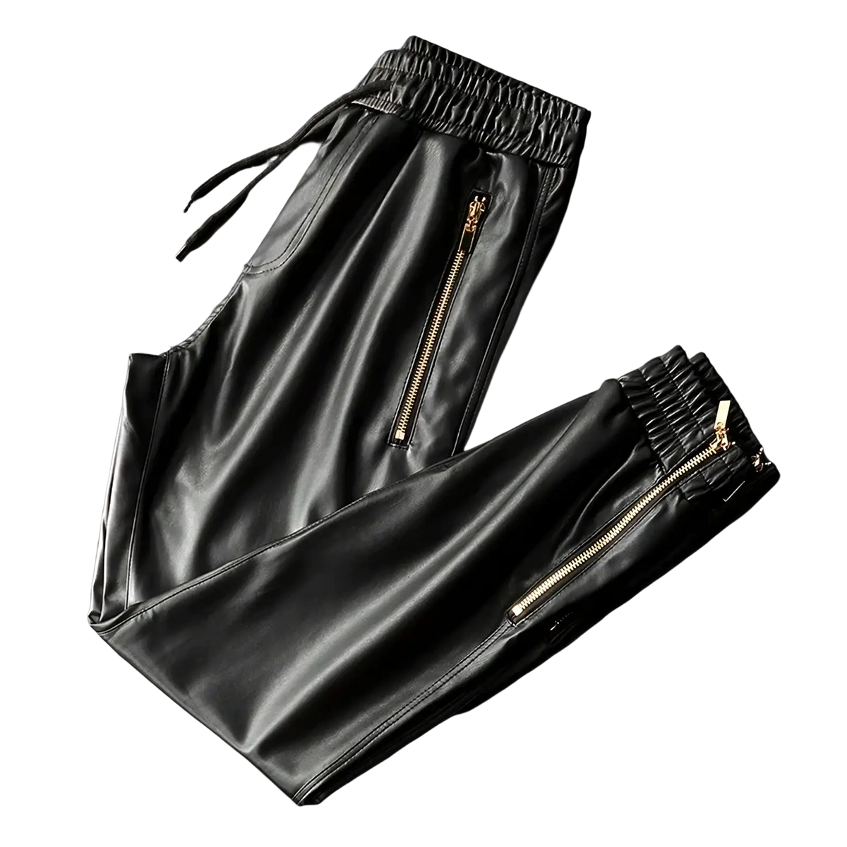 Black faux leather biker joggers for men featuring gold zippers and elastic drawstring waist for comfort and style