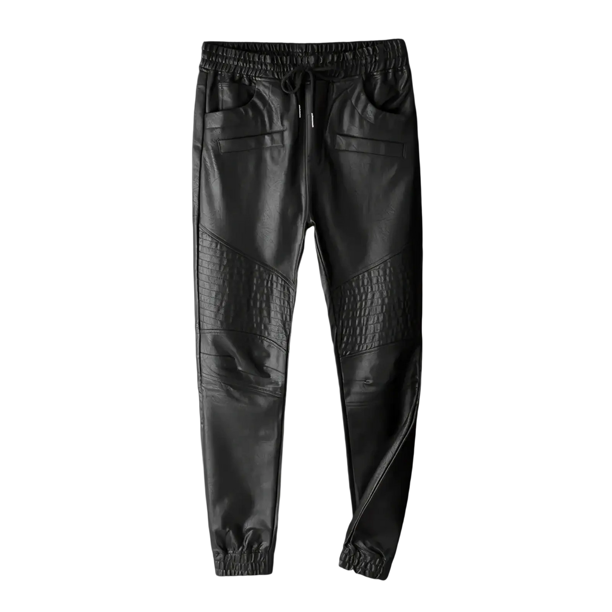 Men’s black faux leather biker joggers with textured crocodile panels and elastic drawstring waistband