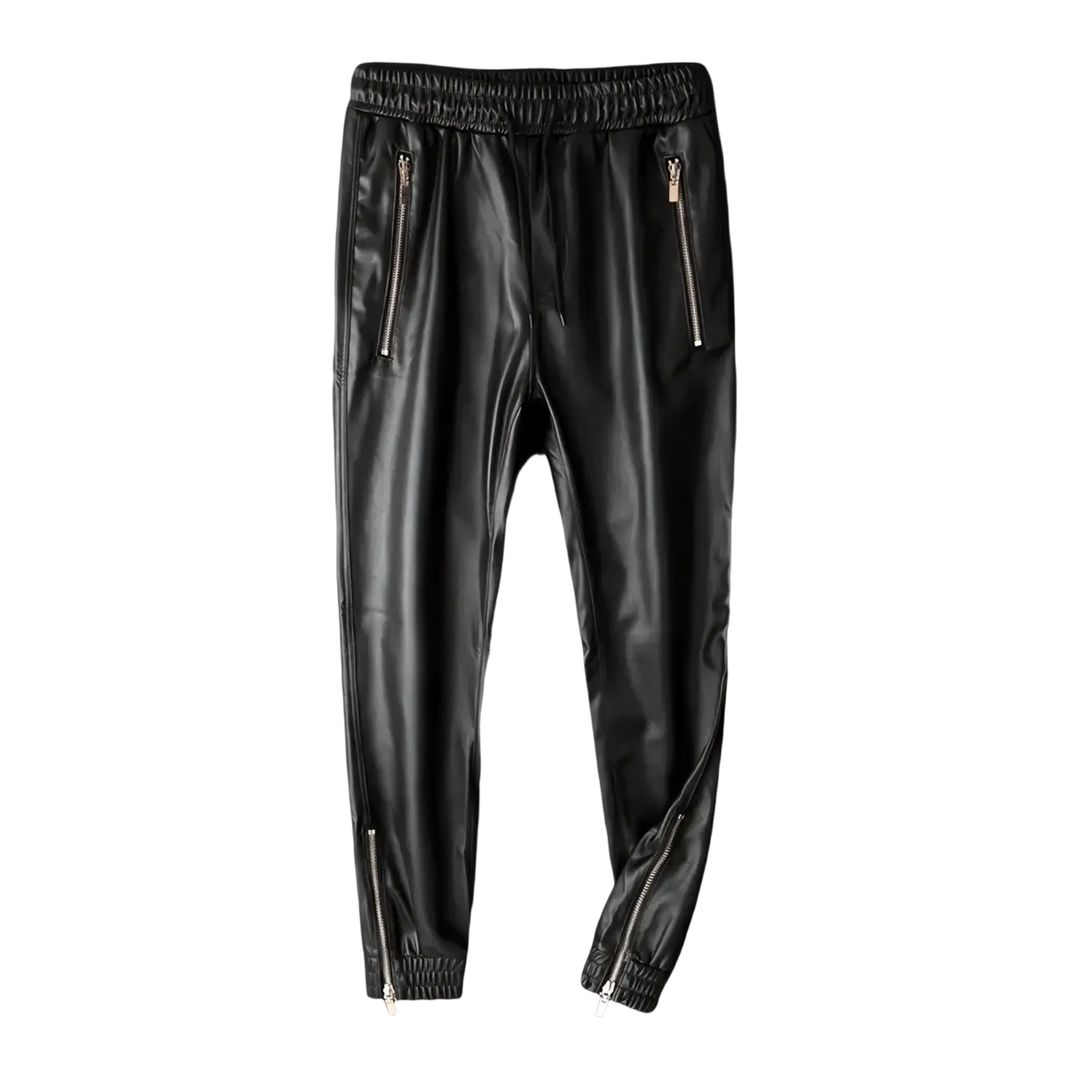 Black faux leather biker joggers for men featuring silver zippers on sides and cuffs with a sleek design