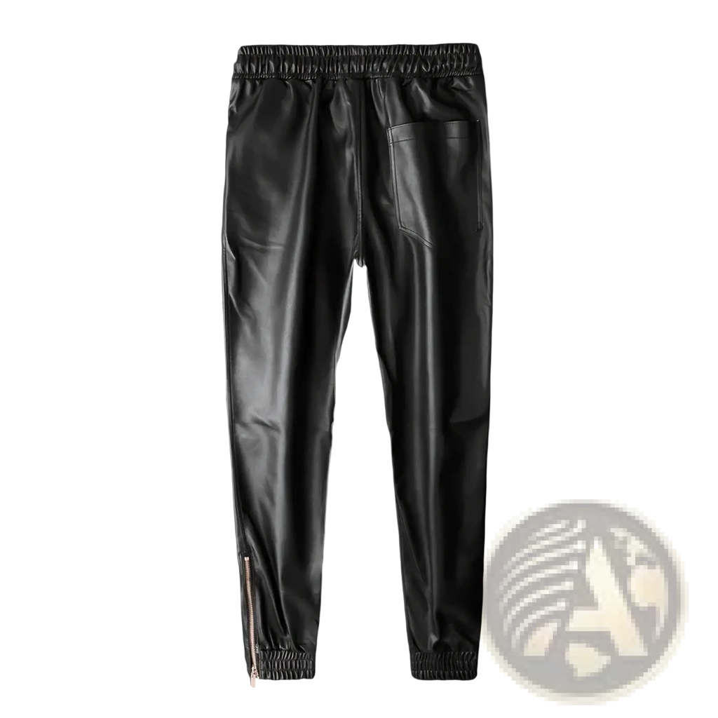 Black faux leather biker joggers for men with elastic waistband and ankle zipper detailing