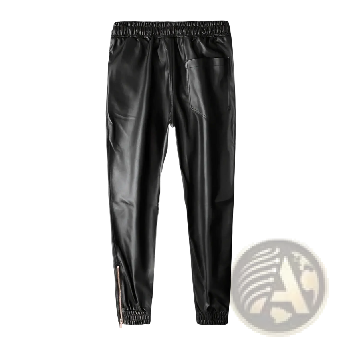 Black faux leather biker joggers for men with elastic waistband and ankle zipper detailing