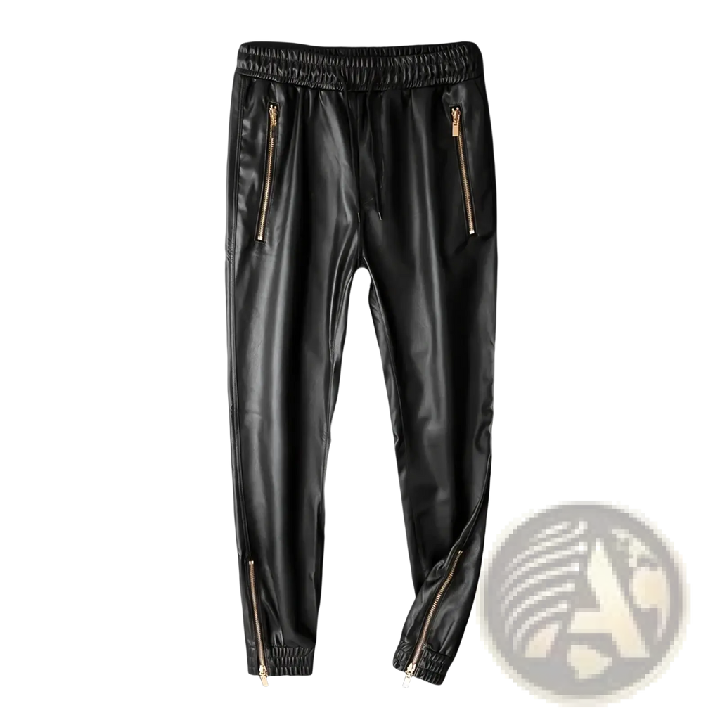 Black faux leather biker joggers for men featuring gold zippers on the sides and cuffs
