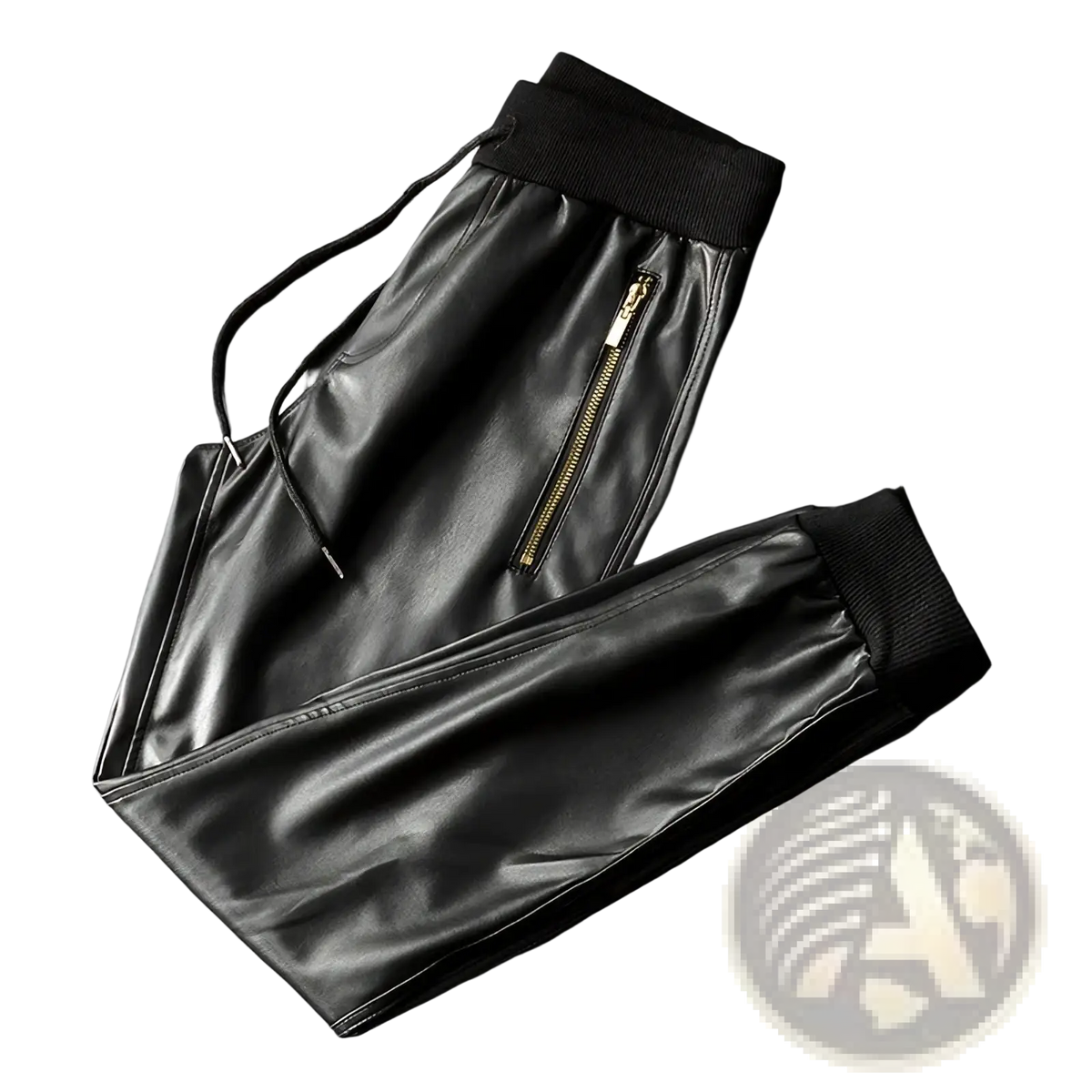 Black faux leather biker joggers for men with gold side zipper and ribbed elastic waistband for comfortable fit