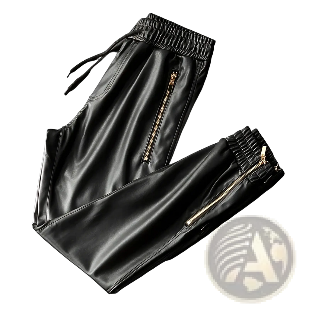 Black faux leather biker joggers for men featuring gold zippers and elastic drawstring waist for comfort and style