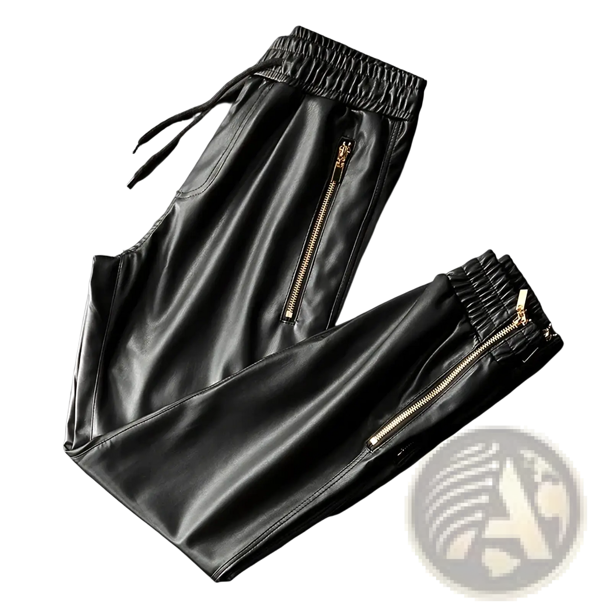Black faux leather biker joggers for men featuring gold zippers and elastic drawstring waist for comfort and style