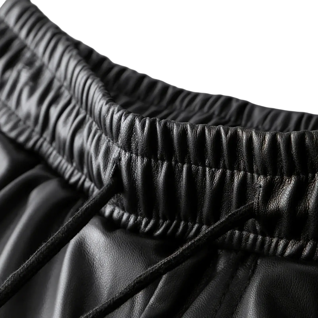 Black faux leather biker joggers for men with ribbed elastic waistband and matching drawstrings