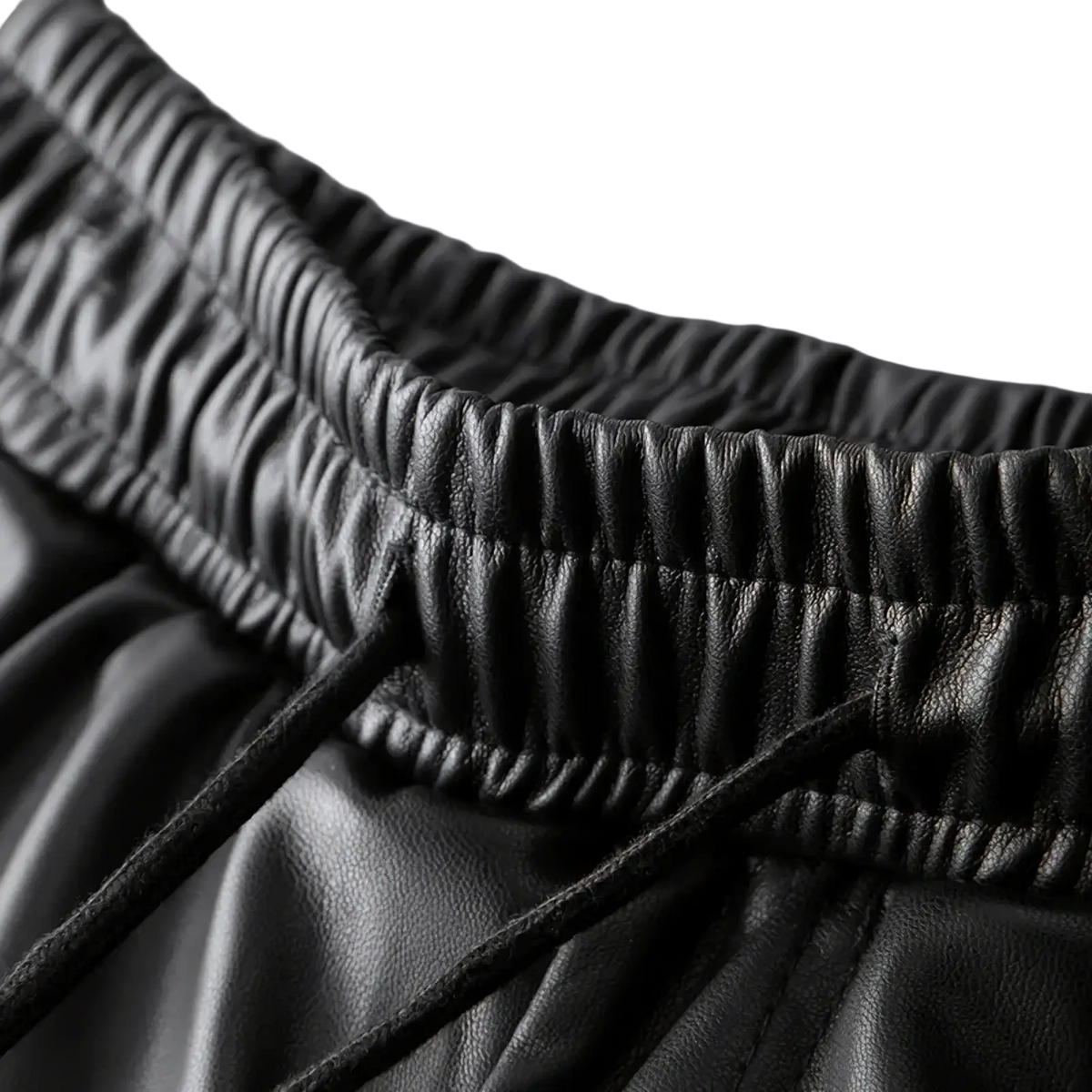 Black faux leather biker joggers for men with ribbed elastic waistband and matching drawstrings
