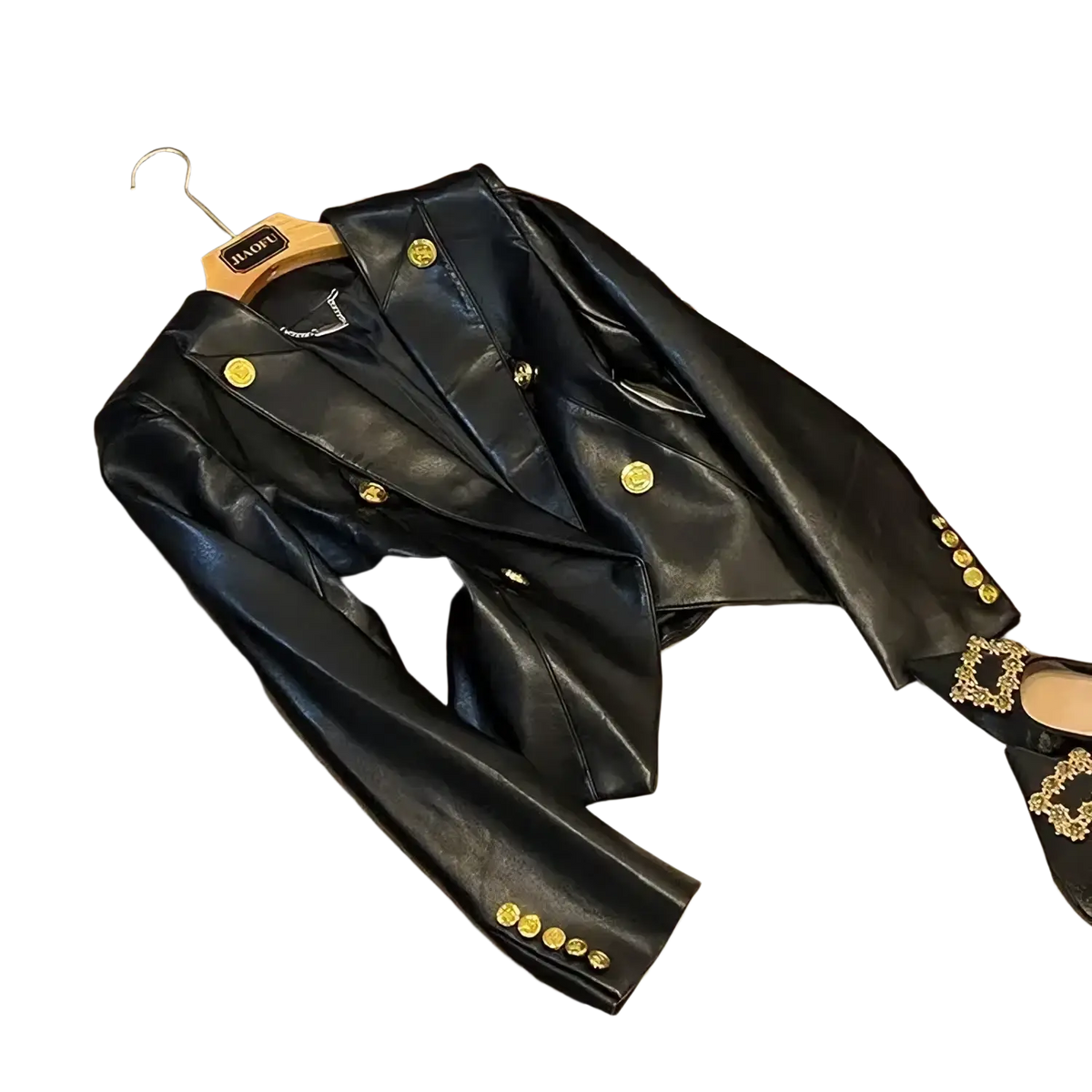 Black faux leather double breasted blazer jacket with gold-tone buttons and decorative embellishments for formal wear