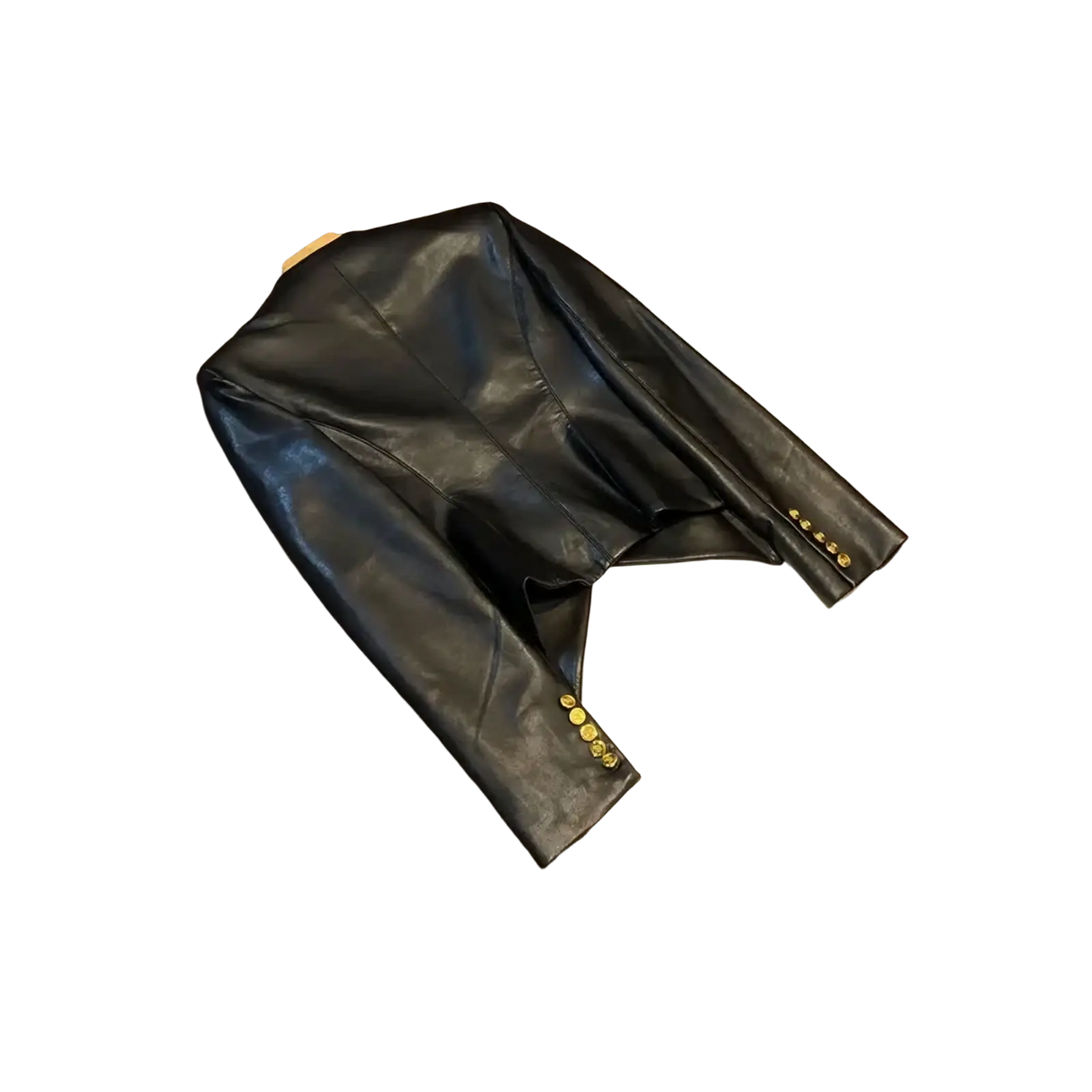 Black faux leather double breasted blazer jacket with gold tone buttons for stylish and formal wear
