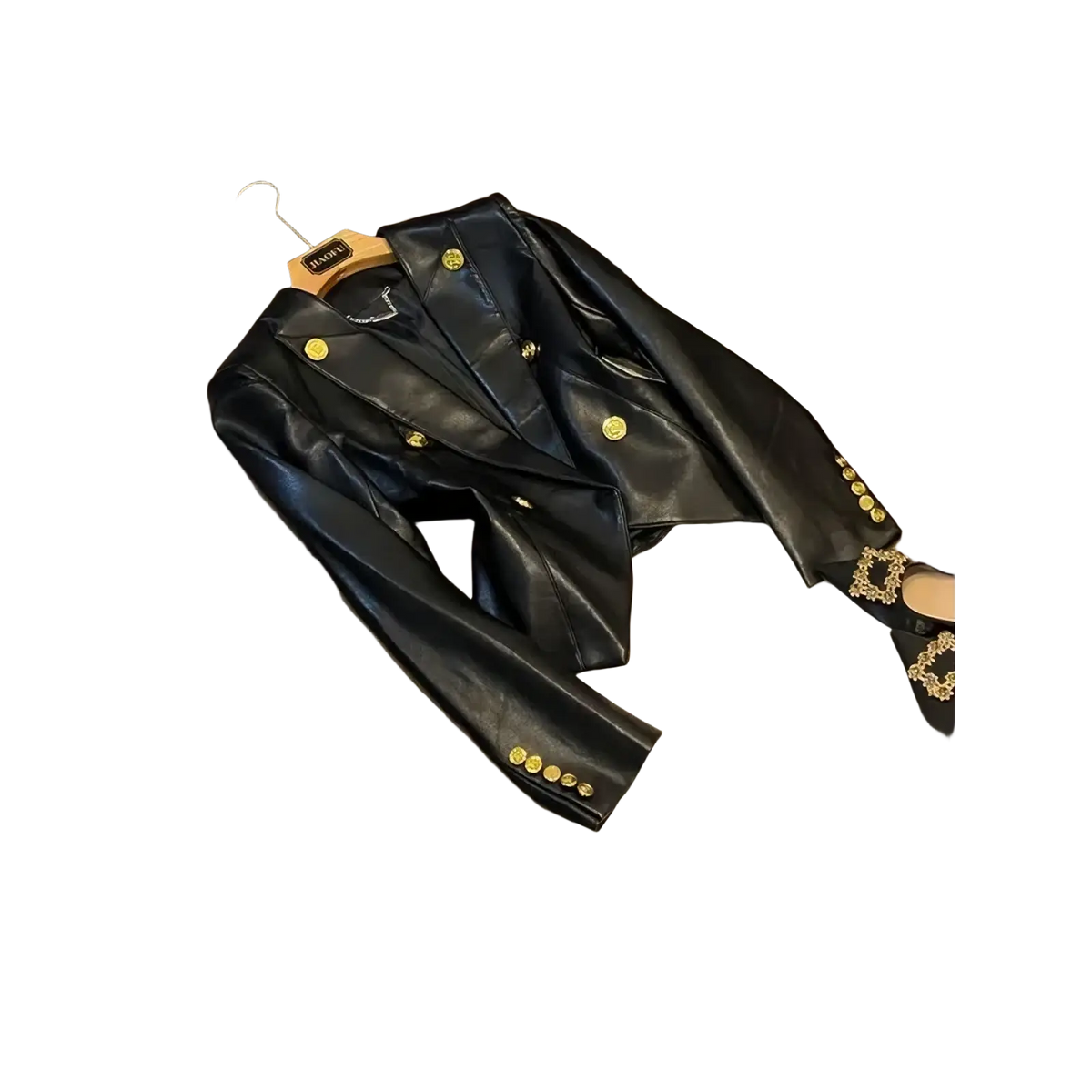 Black faux leather blazer with gold-tone buttons and double-breasted design for formal and professional wear