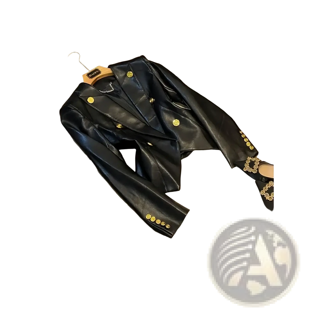 Black faux leather blazer with gold-tone buttons and double-breasted design for formal and professional wear