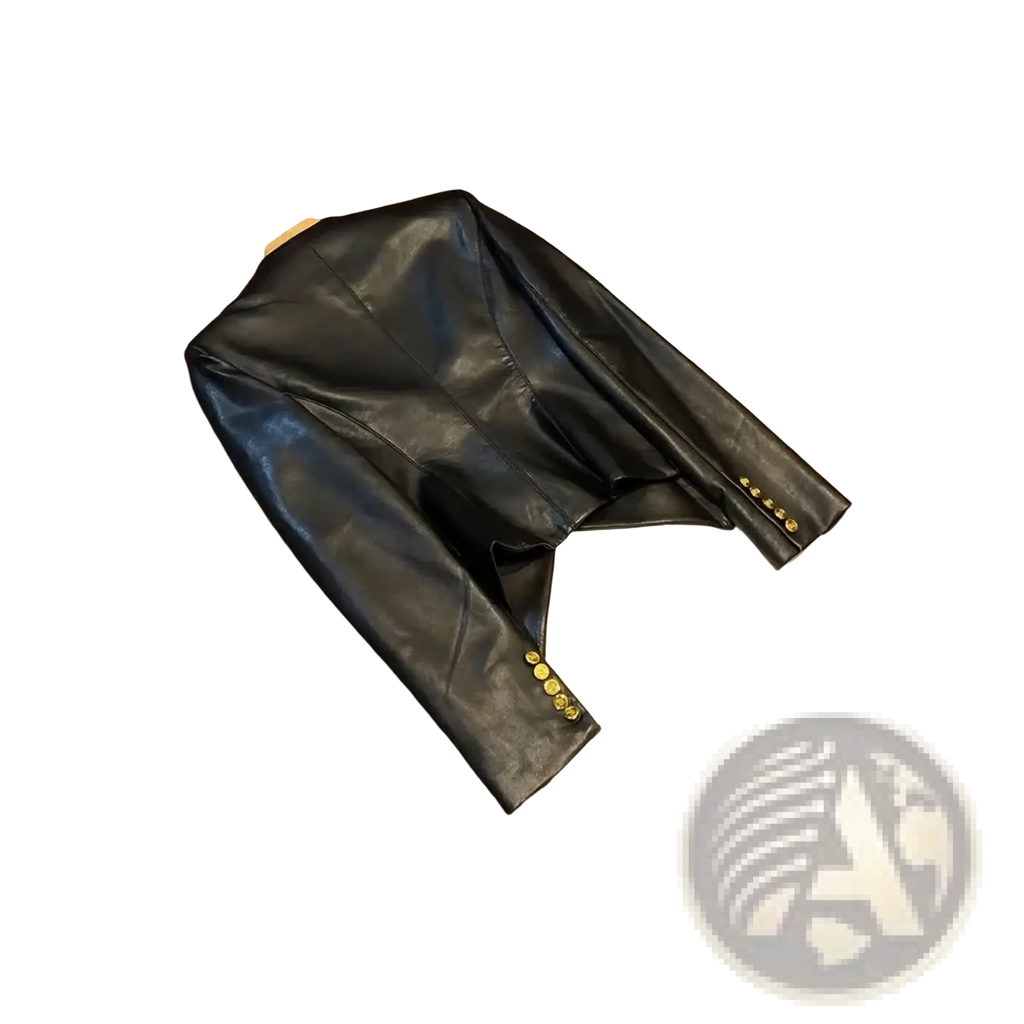 Black faux leather double breasted blazer jacket with gold tone buttons for stylish and formal wear