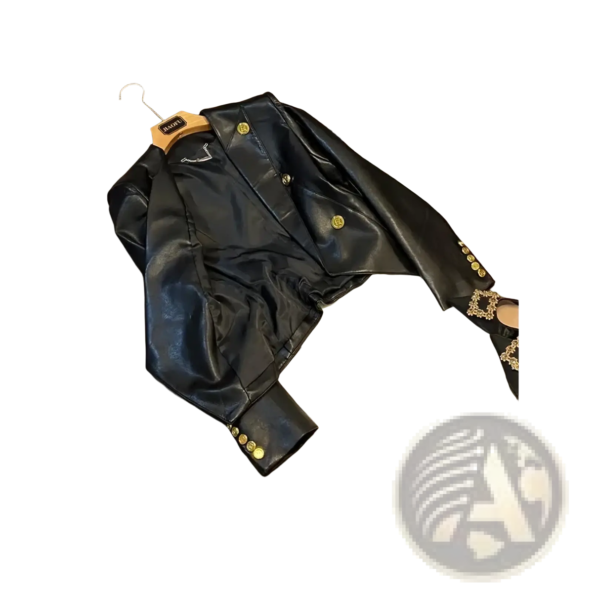 Black faux leather blazer double breasted jacket with gold tone buttons and decorative cuffs for stylish wear