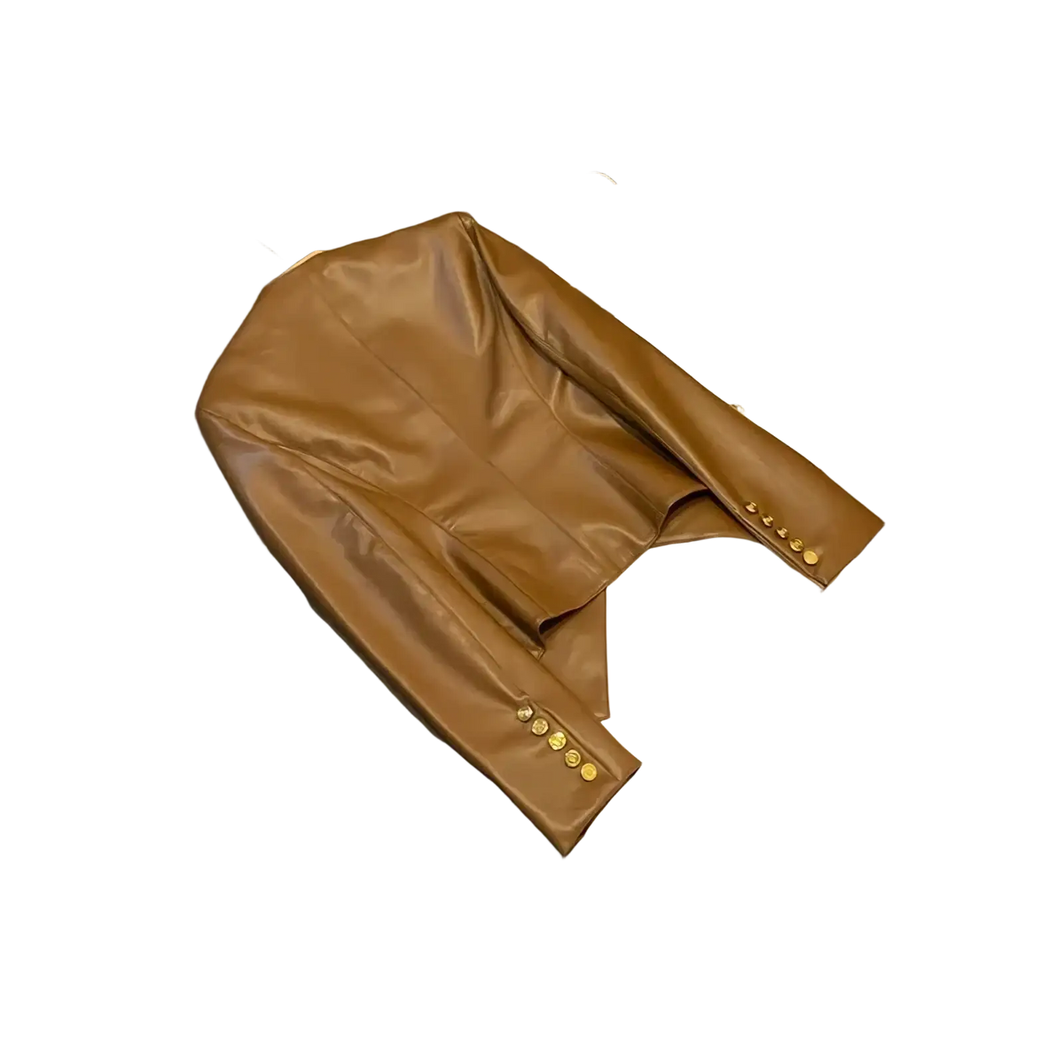 Brown faux leather double breasted blazer jacket with gold tone buttons for a stylish formal outerwear look