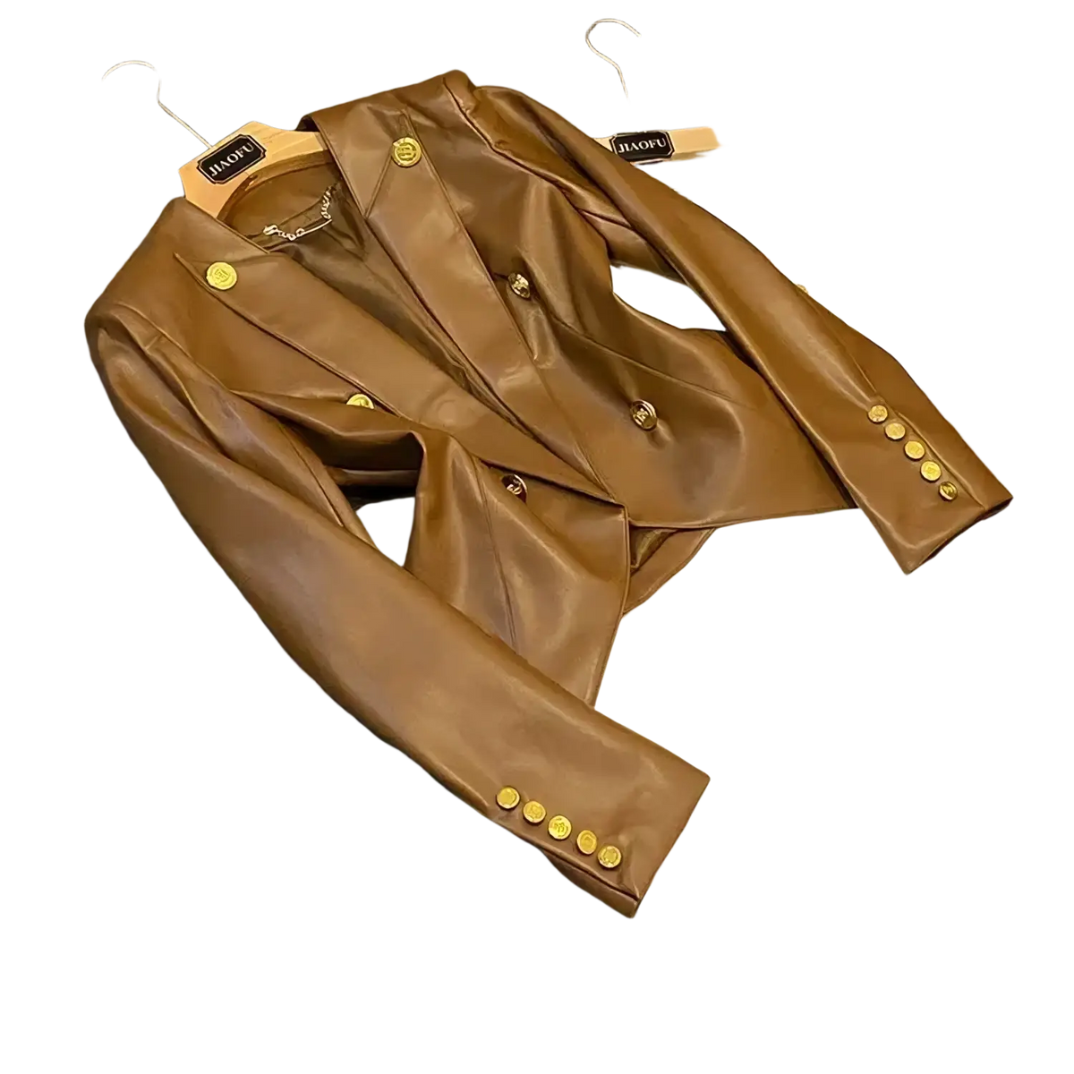 Brown faux leather double breasted blazer with gold tone buttons in a stylish jacket design