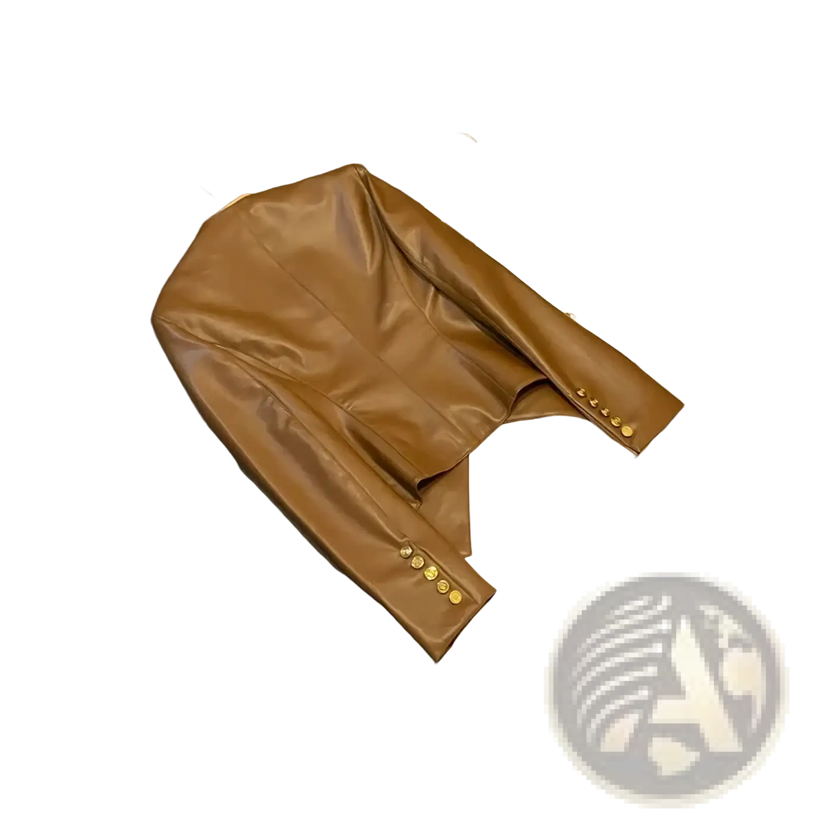 Brown faux leather double breasted blazer jacket with gold tone buttons for a stylish formal outerwear look