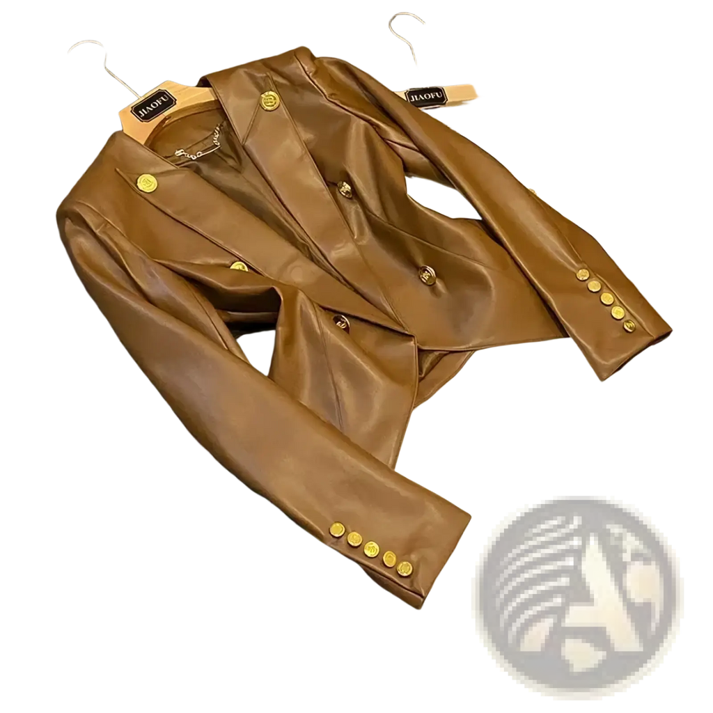 Brown faux leather double breasted blazer with gold tone buttons in a stylish jacket design