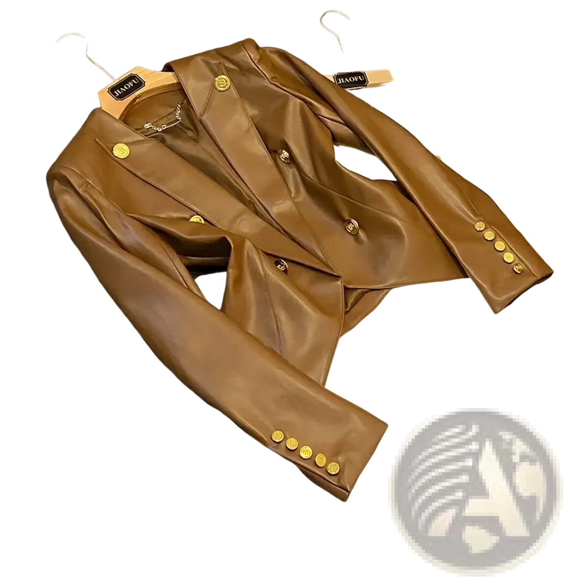 Brown faux leather double breasted blazer with gold tone buttons in a stylish jacket design
