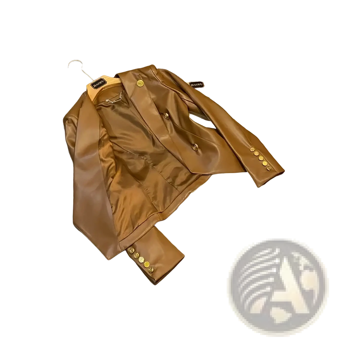A sleek caramel-colored faux leather double breasted blazer with gold-tone buttons and structured design