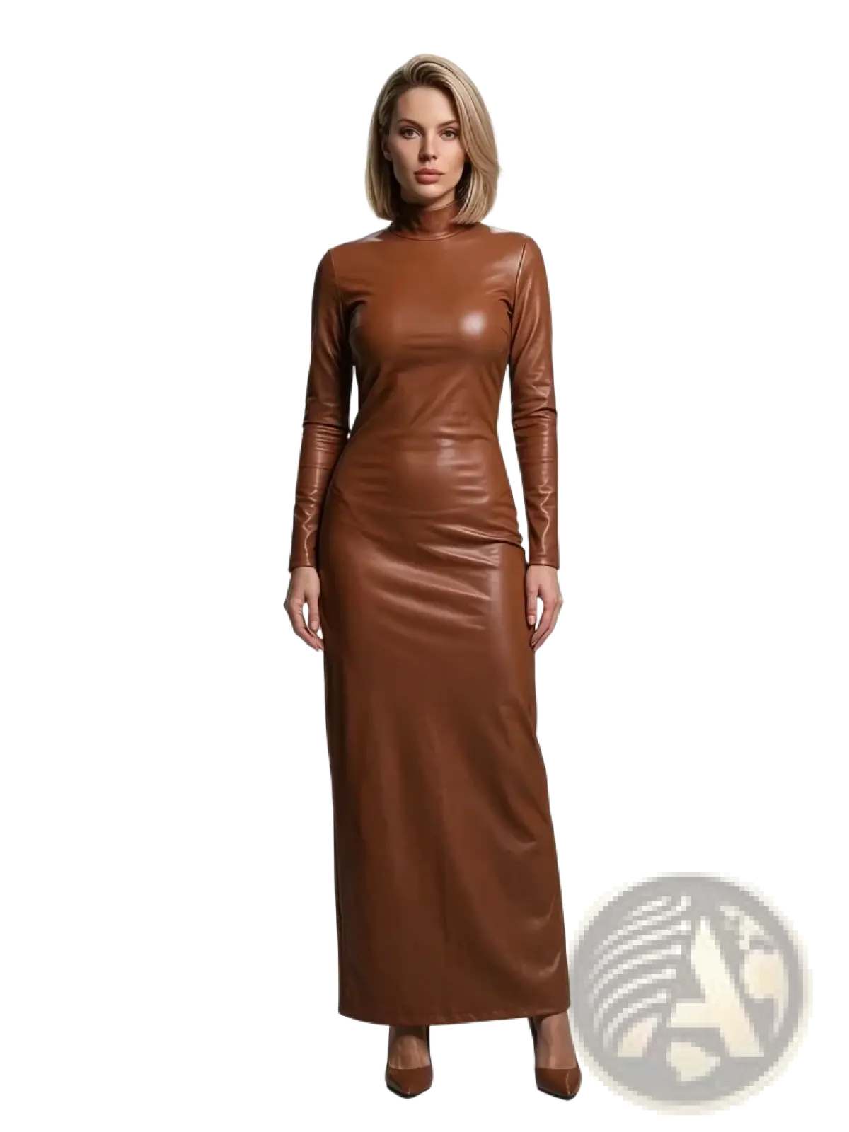 A sleek brown faux leather bodycon midi dress with long sleeves high neck and glossy finish