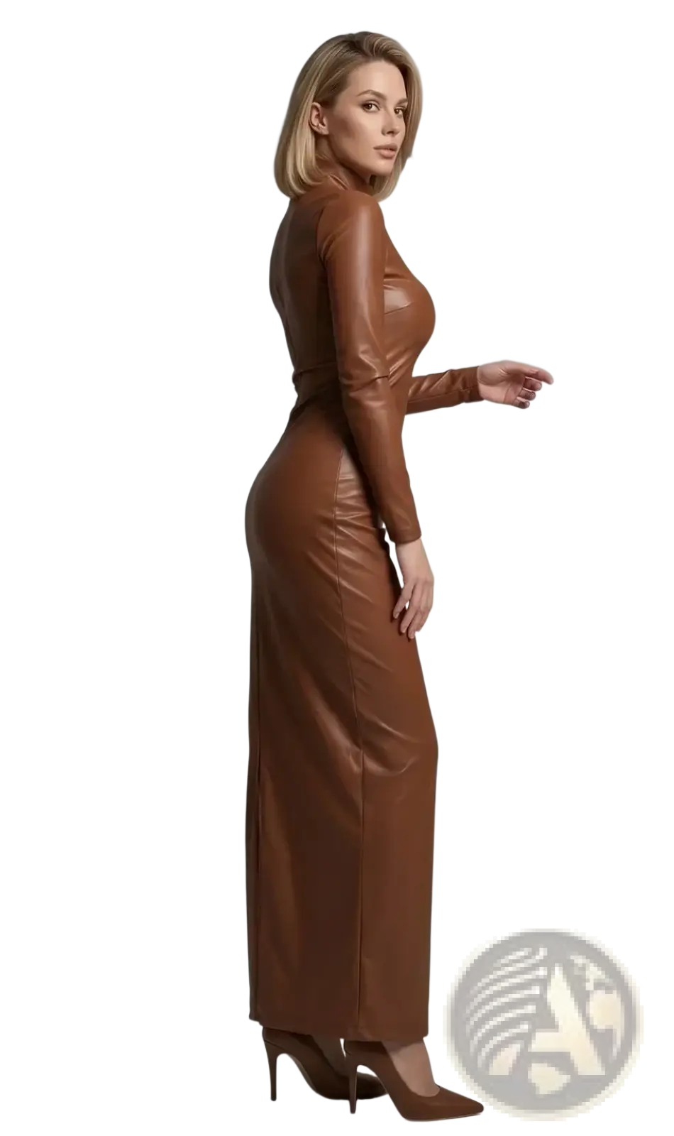 A sleek brown faux leather bodycon midi dress with long sleeves high neckline and side slit