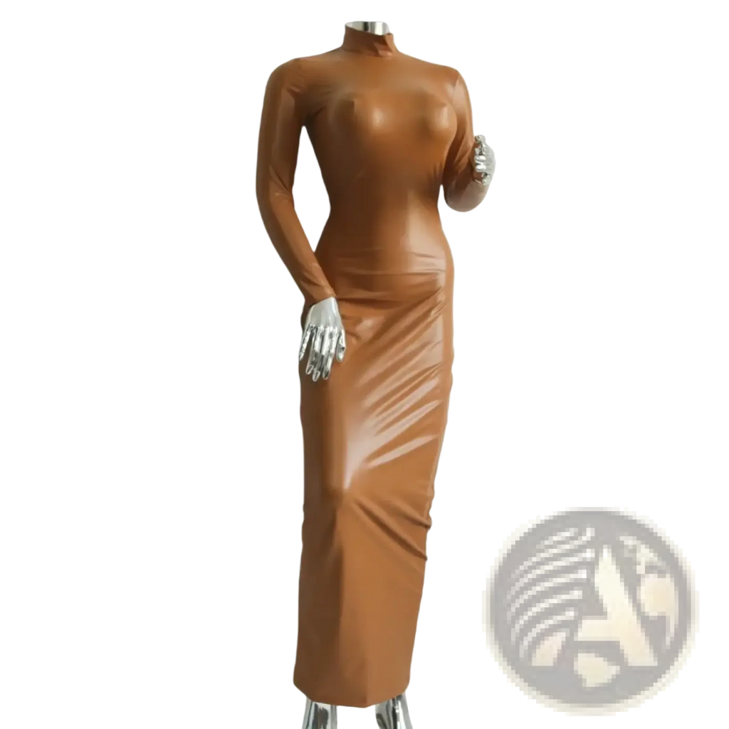 A sleek tan faux leather bodycon midi dress with a high neckline and long sleeves in latex material