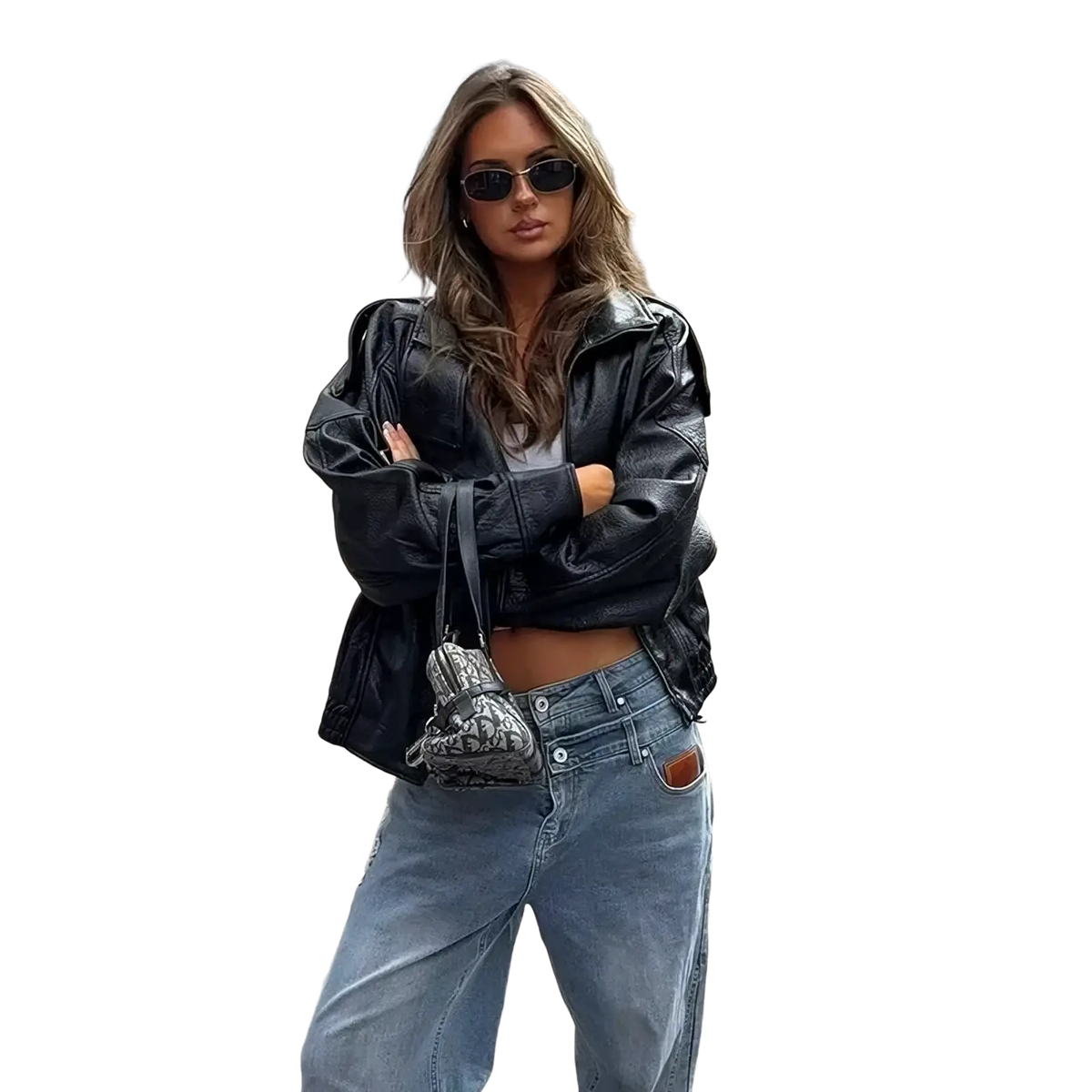 Black faux leather bomber jacket with puffed sleeves, cropped fit, and high collar for a stylish look