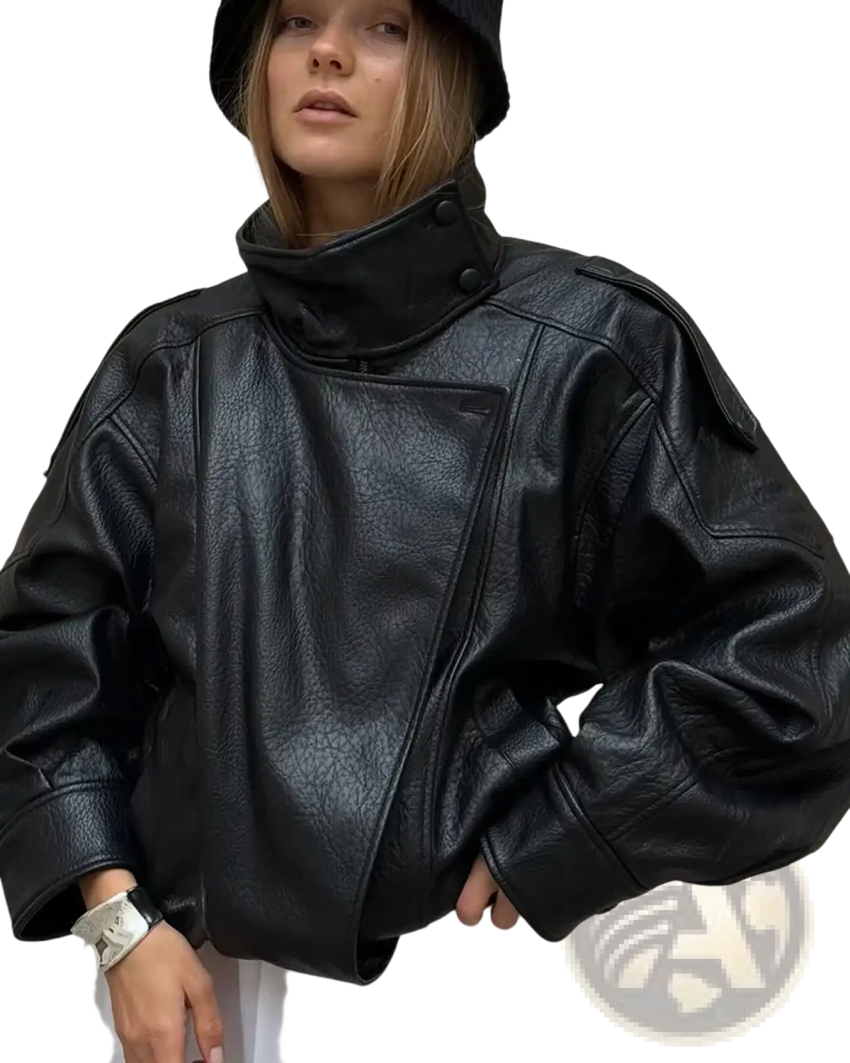 Black faux leather bomber jacket with high collar and buttoned front for stylish outerwear use