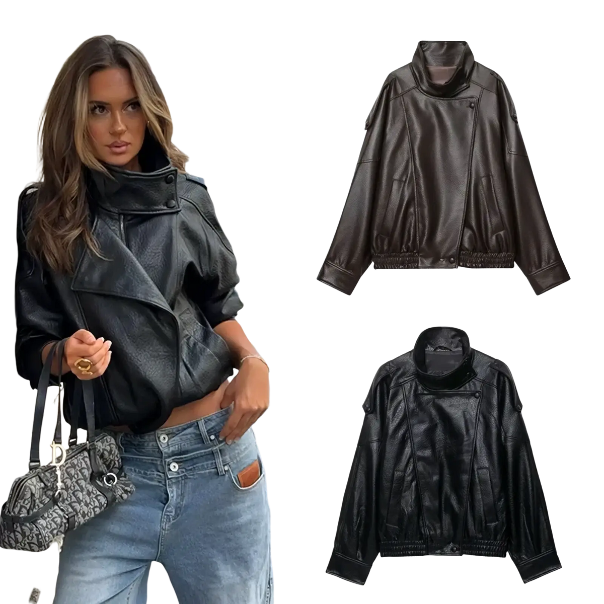 Black faux leather bomber jacket with high collar and elastic cuffs designed as a moto style outerwear piece