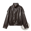 Dark brown faux leather moto jacket with high collar and elasticated cuffs in a black bomber style design