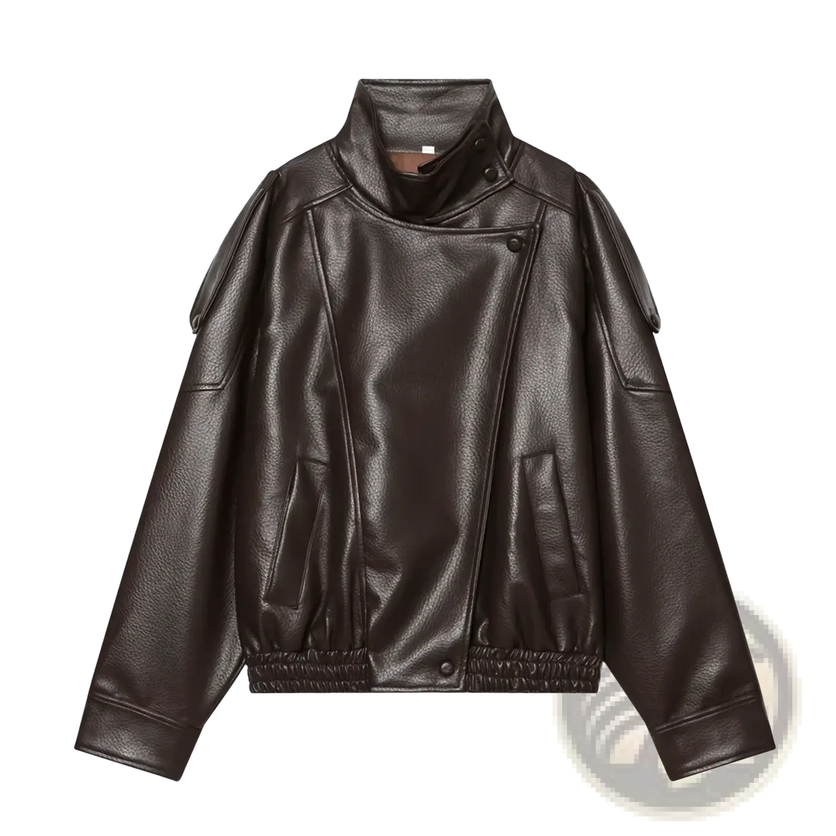 Dark brown faux leather moto jacket with high collar and elasticated cuffs in a black bomber style design