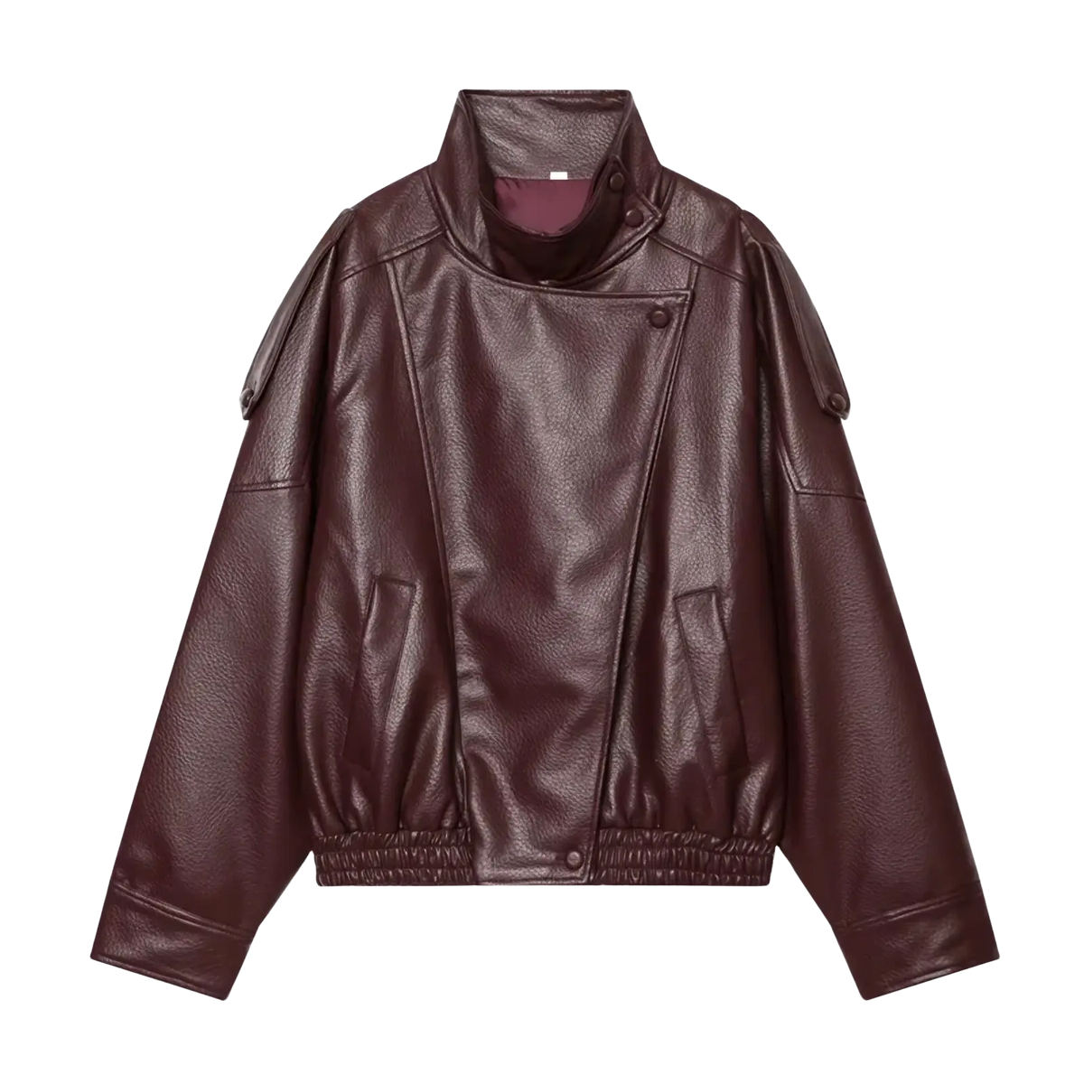 Faux leather bomber jacket in dark brown with high collar buttoned front and elasticated cuffs