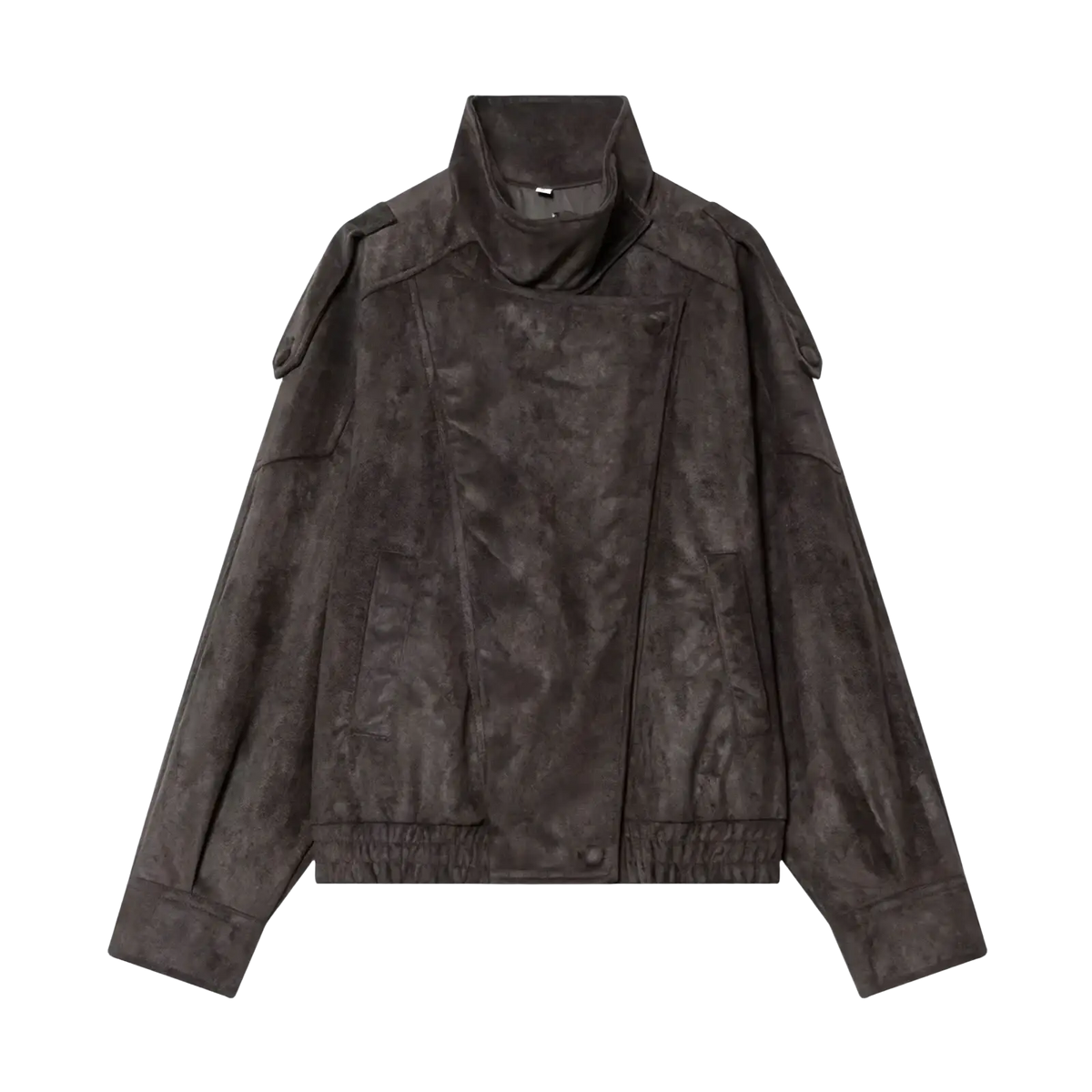 Dark gray suede bomber jacket with high collar and shoulder patches in faux leather bomber jacket black high collar collection